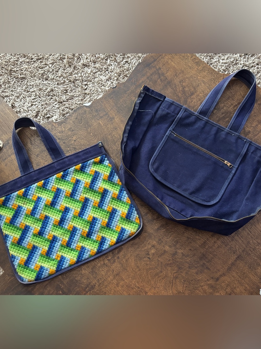 Handmade Needlepoint Zip-Off Denim Tote Bag | Vintage Style - Picture 2 of 7